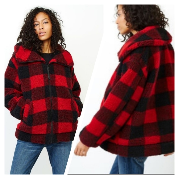 ROOTS Plaid Sherpa Jacket red black sz S - Picture 1 of 6